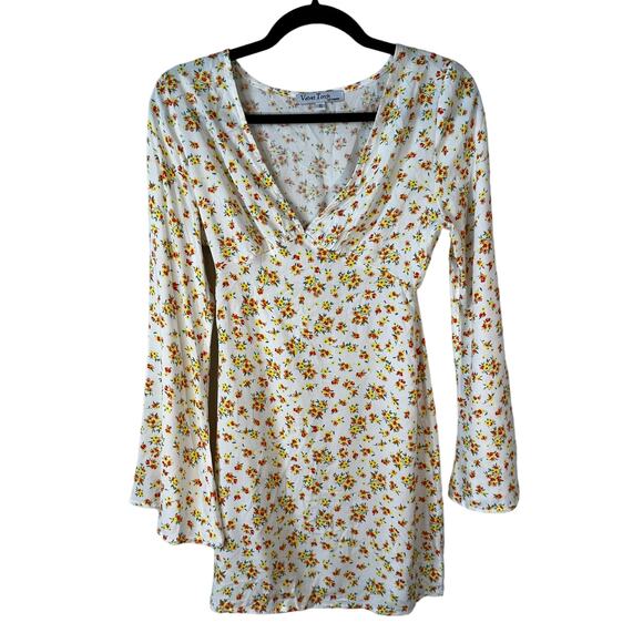 Velvet Torch New Women's Floral V Neck Bell Sleeve Mini Dress White Yellow Small - Picture 2 of 8